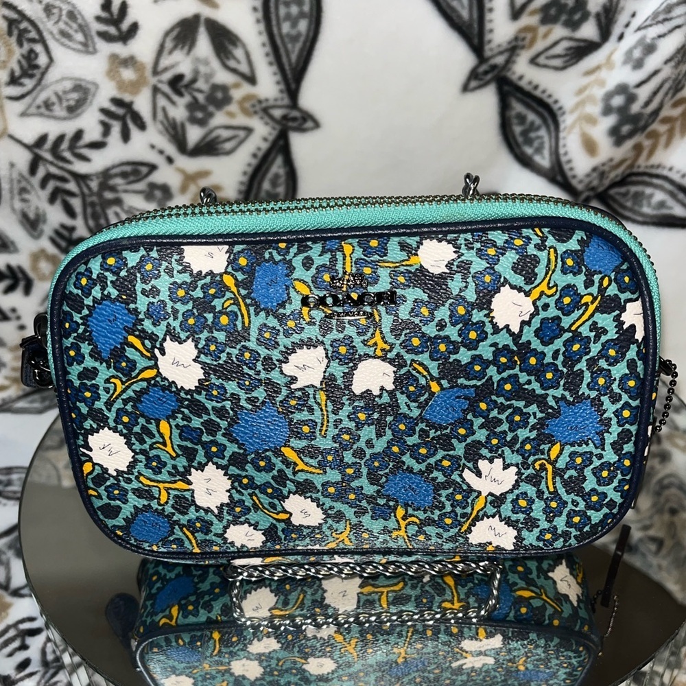 Coach NY, Yankee Floral Print Canvas Crossbody Clutch Bag Purse Teal - Picture 4 of 16